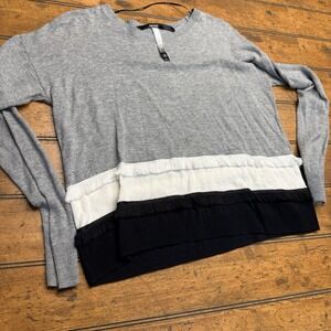 Kensie Womens Fringe Trim Gray Black And White Sweater Small